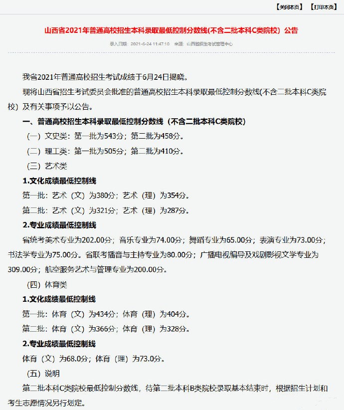 山西高考分数线
